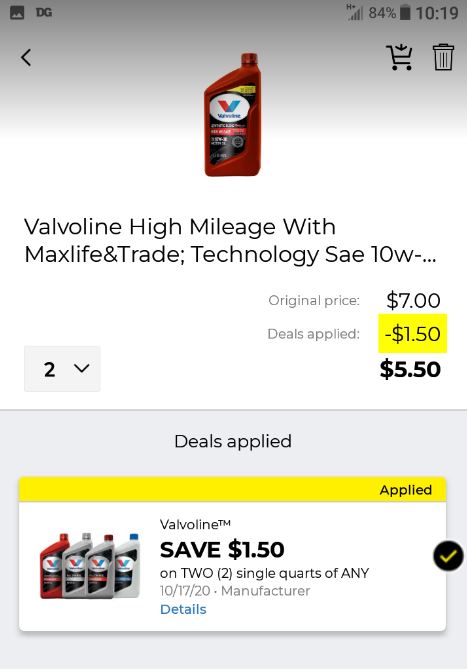 Dollar General Valvoline Motor Oil $2.75 each!